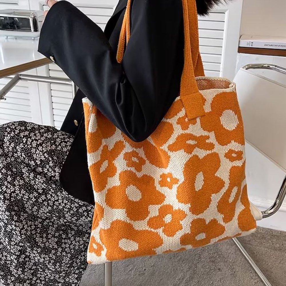 Crochet Floral Tote knitted bag flower shoulderbag cute for women back to school